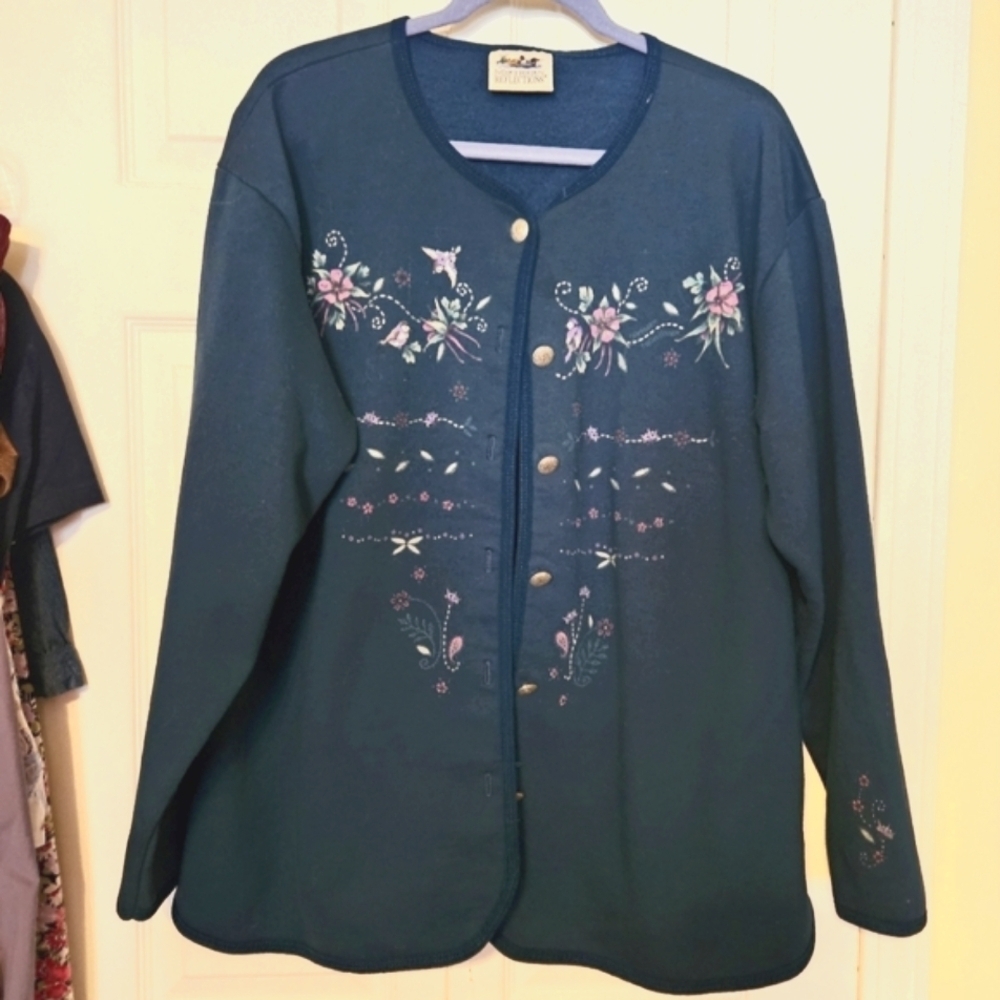 #134 Northern Reflections- Turquoise Knit Floral Printed Button-up - Size: XL